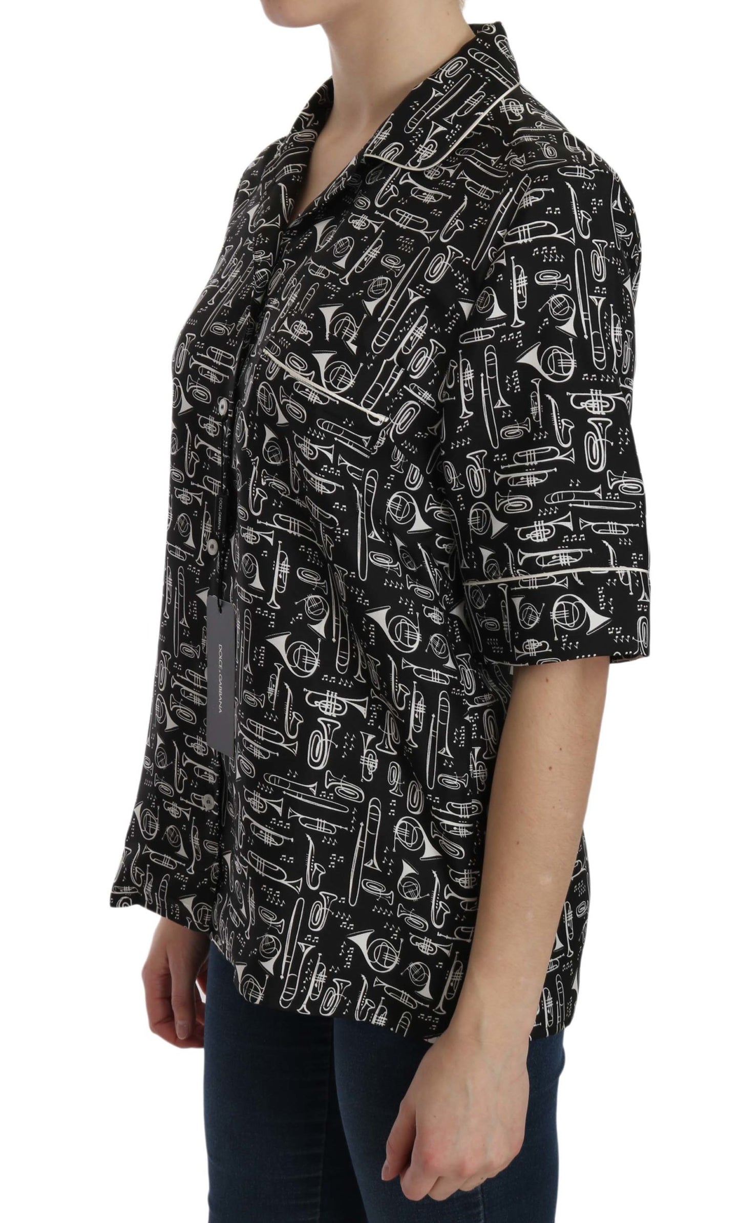 Black Musical Instrument Print Silk Top