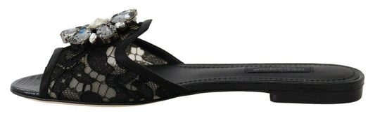 Black Taormina Lace Slides Crystals Flats Shoes