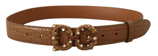 Brown Crocodile Pattern Leather Logo Amore Belt