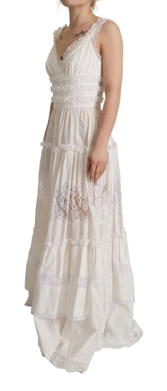 White Cotton Tiered Long Maxi A-line Dress