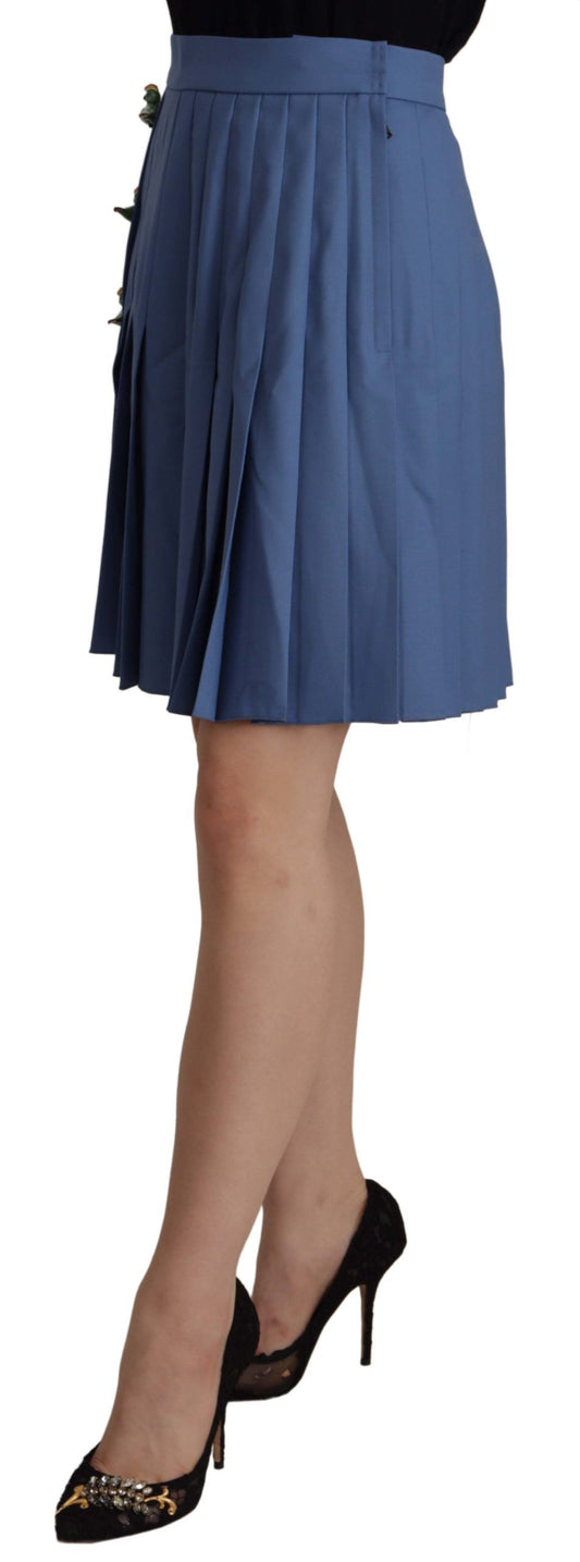 Blue Embellished Pleated Mini Skirt Wool
