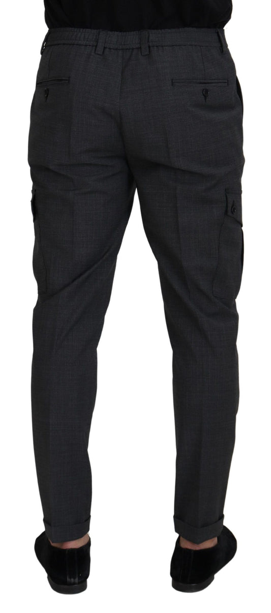 Gray Checked Cargo Trousers Stretch Pants