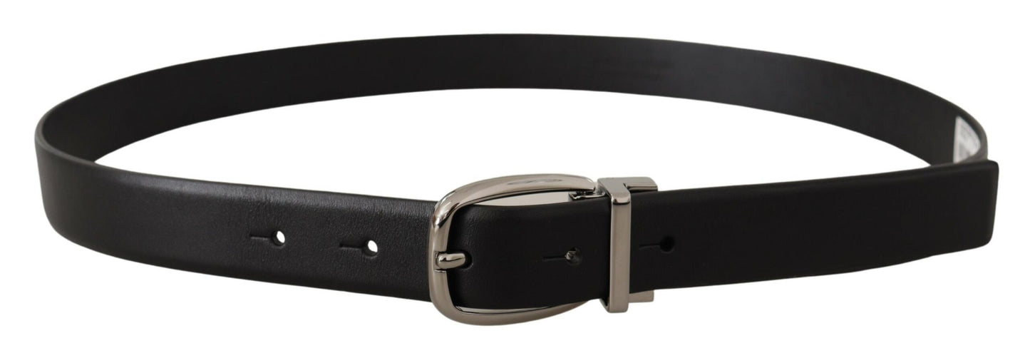 Black Leather Silver Metal Chrome Logo Buckle Belt