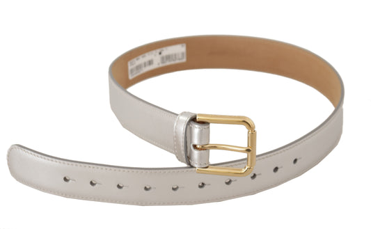 Silver Leather Gold Tone Logo Metal Buckle Belt