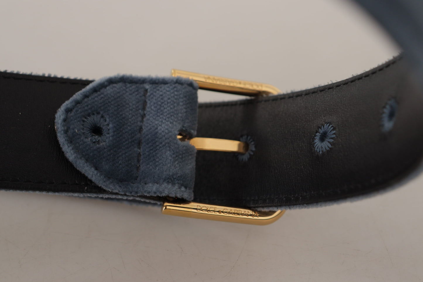 Navy Blue Velvet Gold Metal Logo Waist Buckle Belt