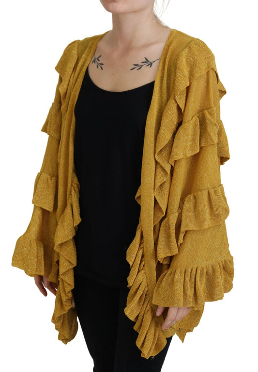 Gold Long Sleeves Ruffled Women Cardigan Sweater