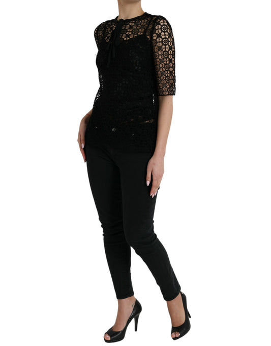 Black Floral Lace Short Sleeves Blouse Top