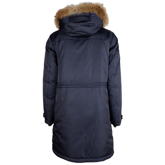 Blue Nylon Men Jacket with Fur-Trimmed Hood