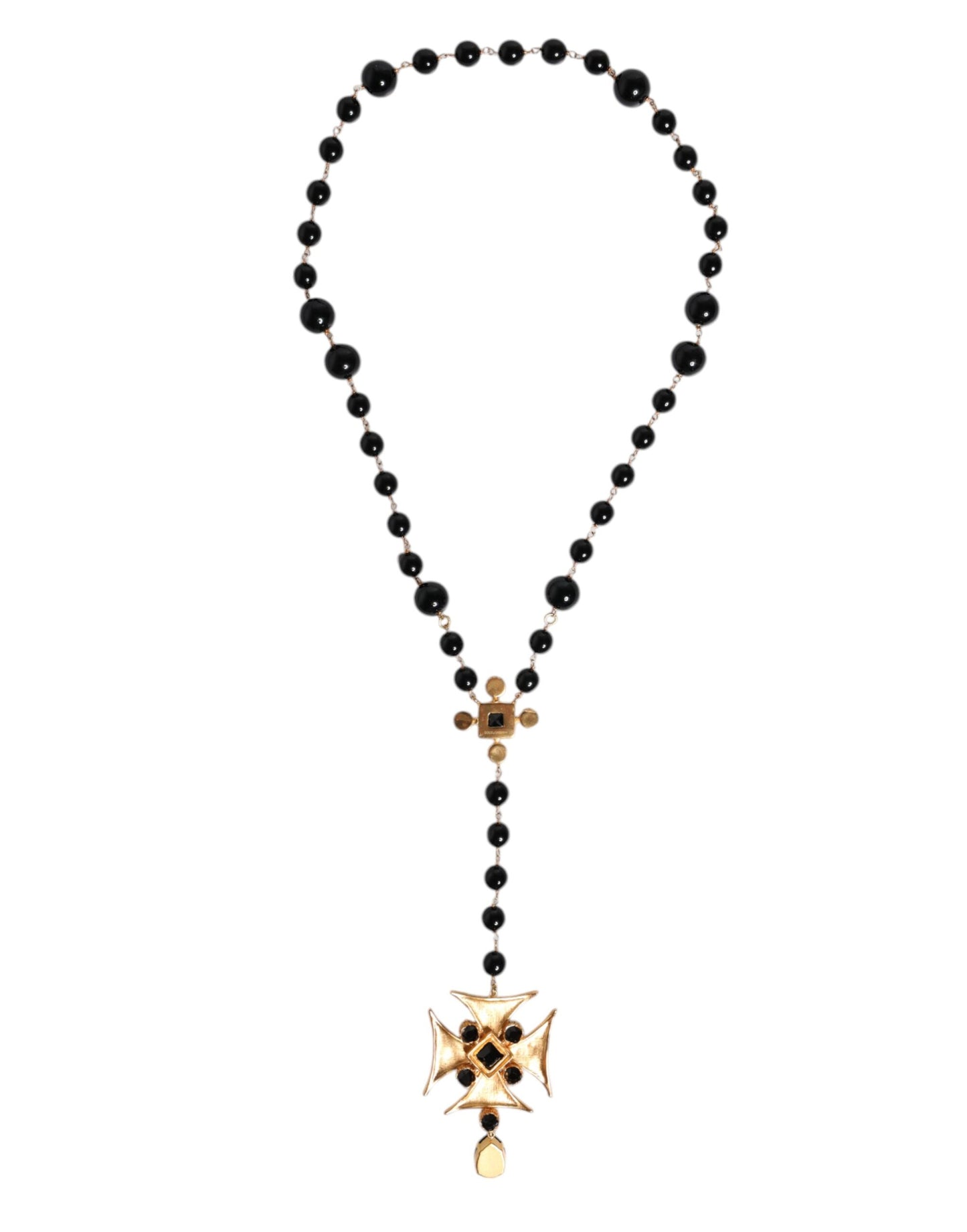 Gold Tone Brass Cross Black Beaded Chain Rosary Necklace