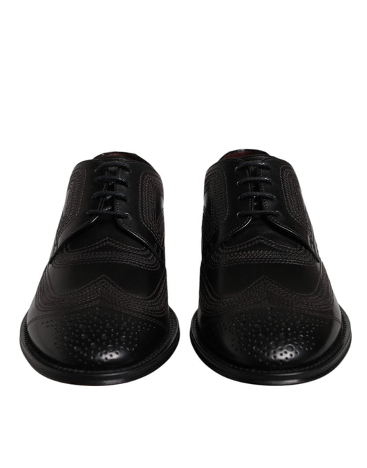 Black Embroidered Classic Leather Derby Dress Shoes