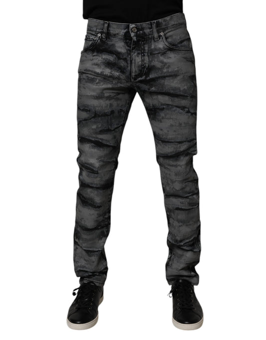 Gray Tie Dye Cotton Skinny Men Denim Jeans