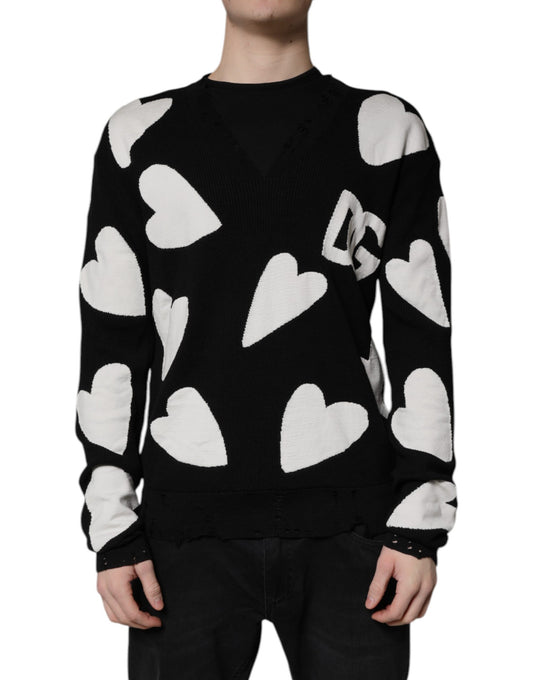 Black Hearts Silk Crew Neck Pullover Sweater