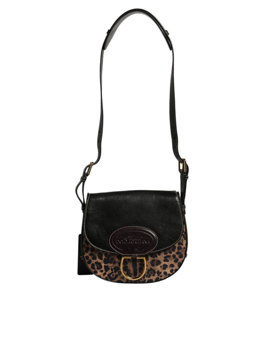 Black Brown Leopard Leather Shoulder Strap Bag