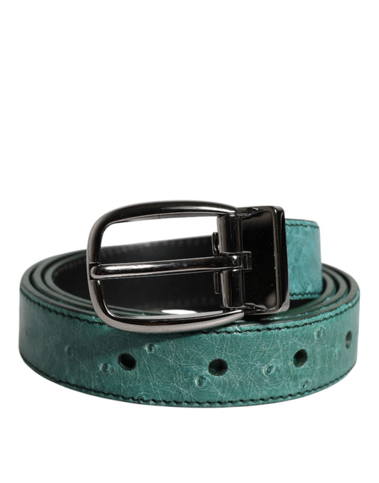 Green Ostrich Leather Silver Metal Buckle Belt