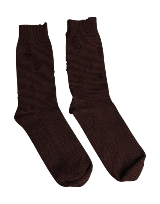 Brown Solid Cotton Stretch Mid Calf Socks