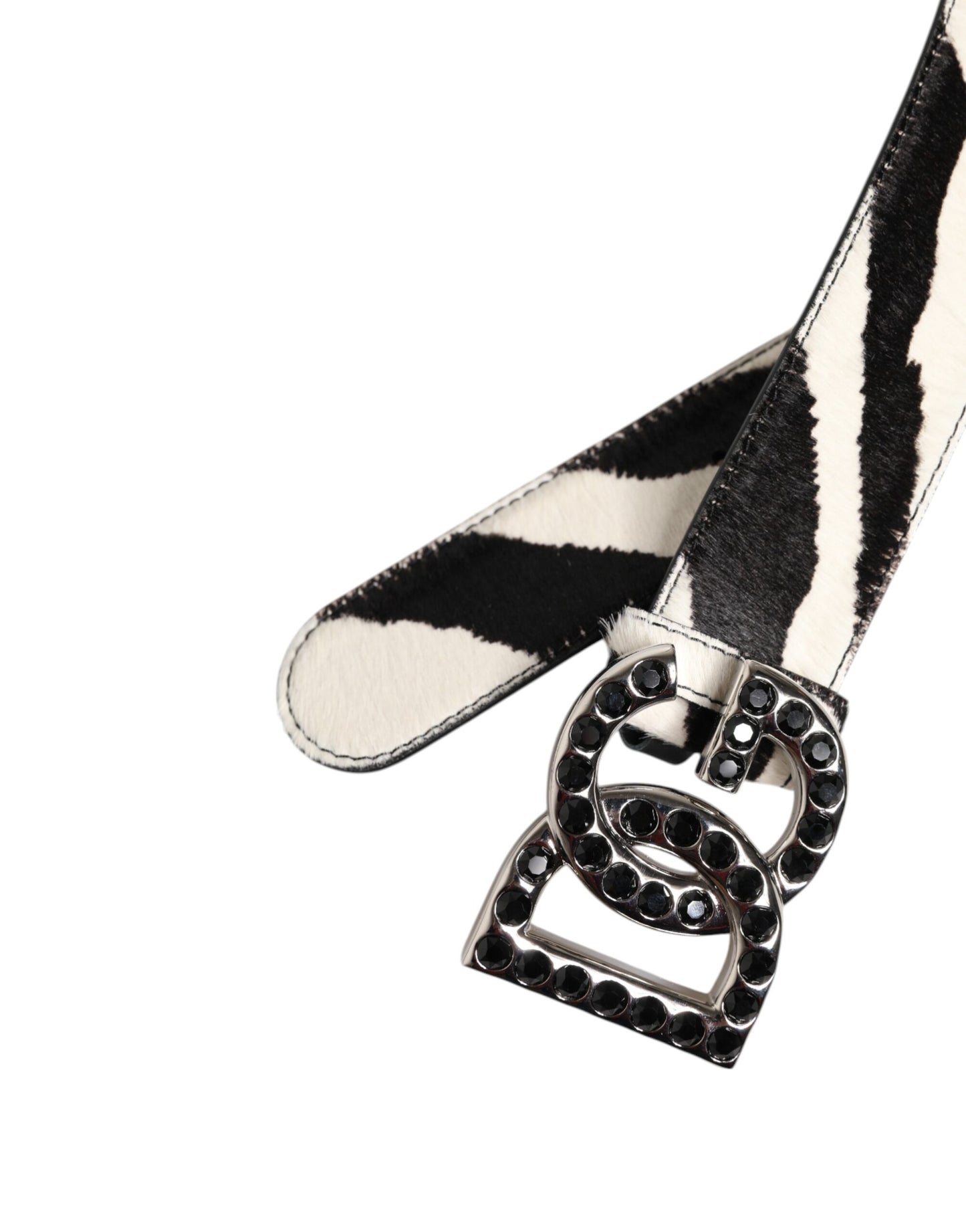 White Black Leather Zebra DG Crystal Buckle Belt