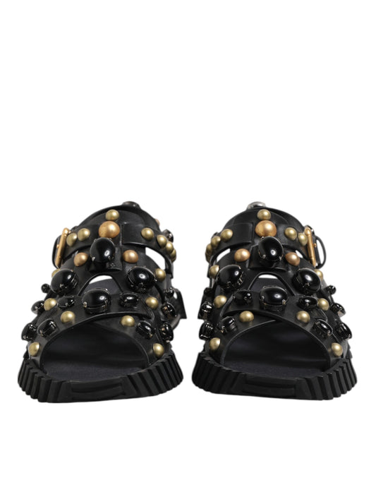 Black Leather Studded Ankle Strap Sandals Shoes