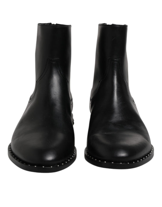 Black Leather Logo Ankle Boots Studded Shoes