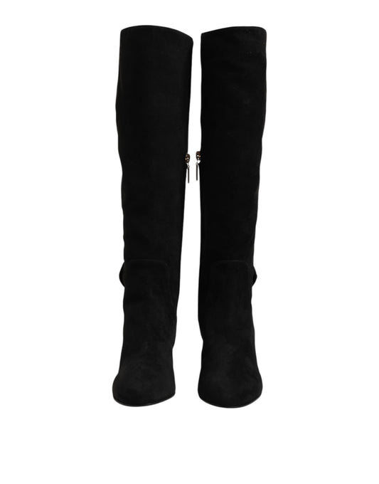 Black Suede Leather Knee High Boots Shoes