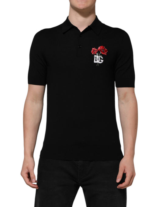 Black Wool DG Logo Rose Collared Polo T-shirt