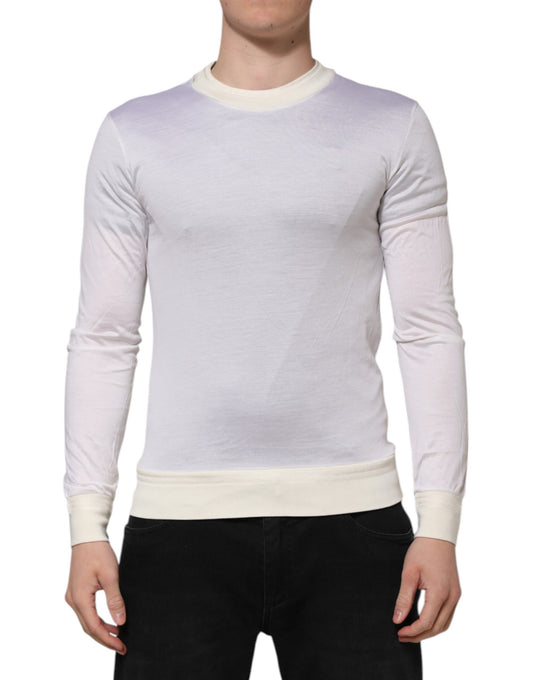 White Silk Crew Neck Long Sleeves T-shirt