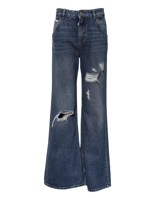 Blue Cotton Wide Leg Tattered Denim Jeans