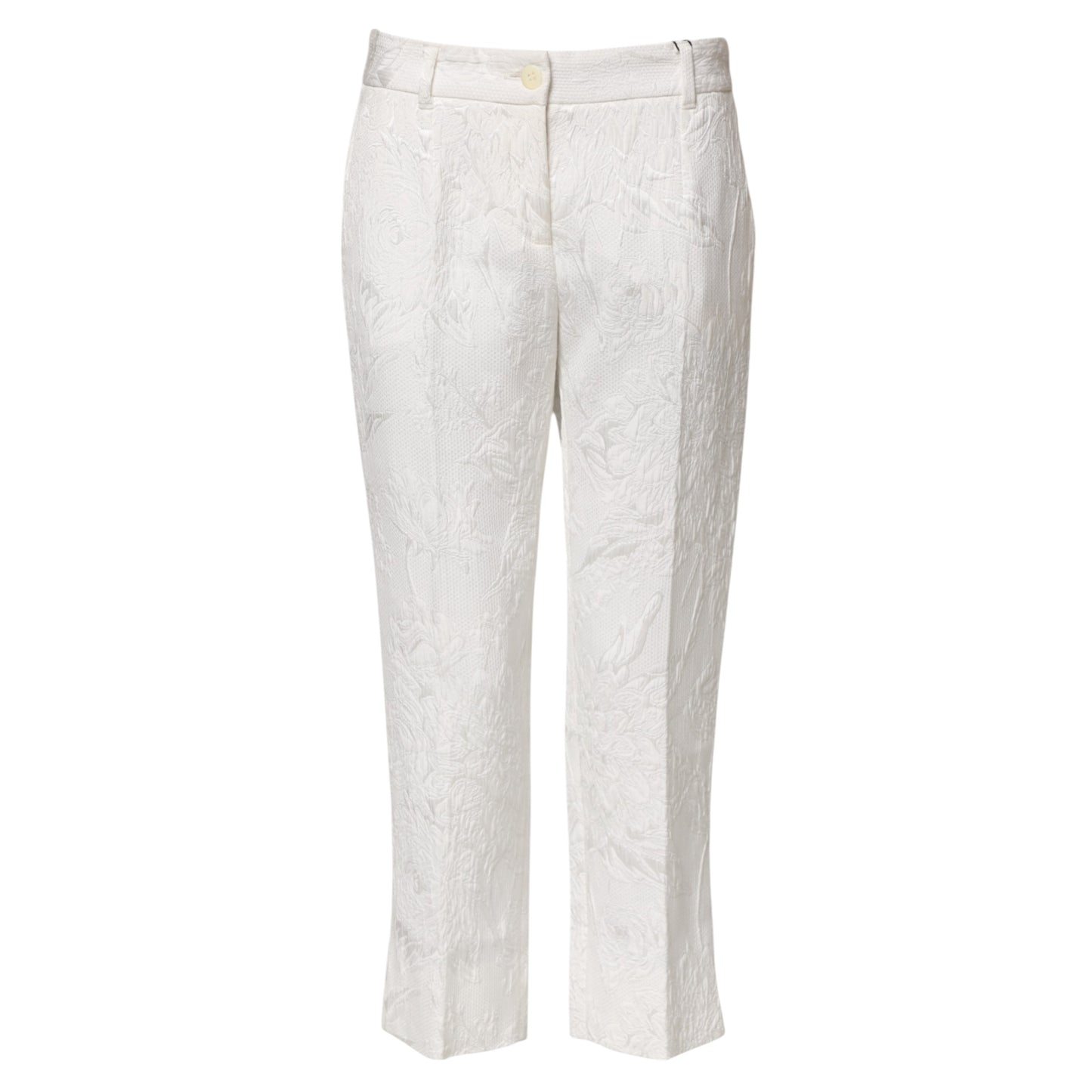 White Cotton Floral Jacquard Pants
