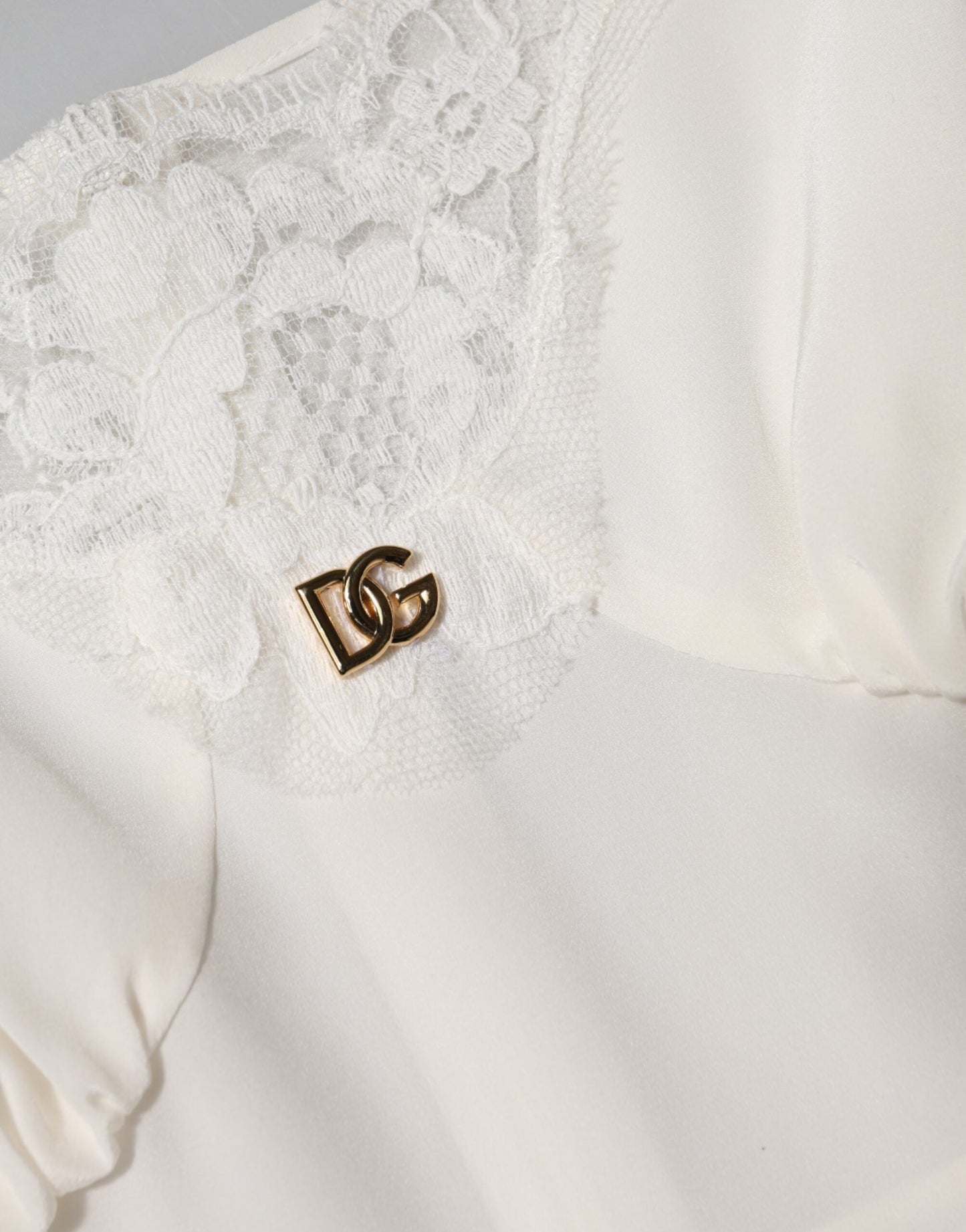 White Lace Gold DG Logo Silk Dress Sleepwear