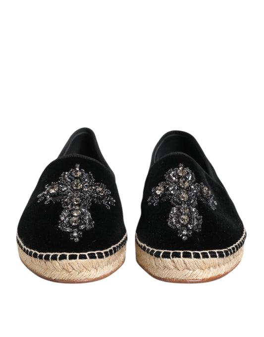 Black Cross Crystal Slip On Espadrille Shoes