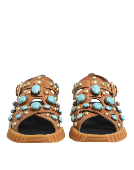 Brown Leather Studded Slides Sandals Shoes