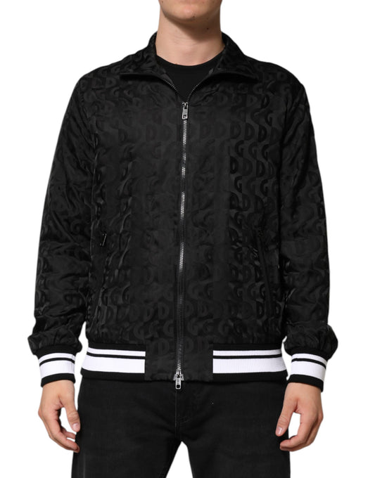 Black Jacquard Men Full Zip Bomber Sweater