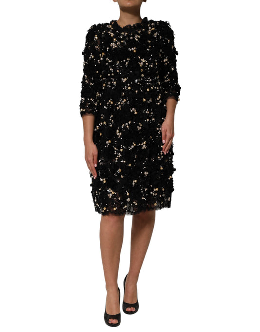 Black Viscose Pearl Embellishment Shift Dress