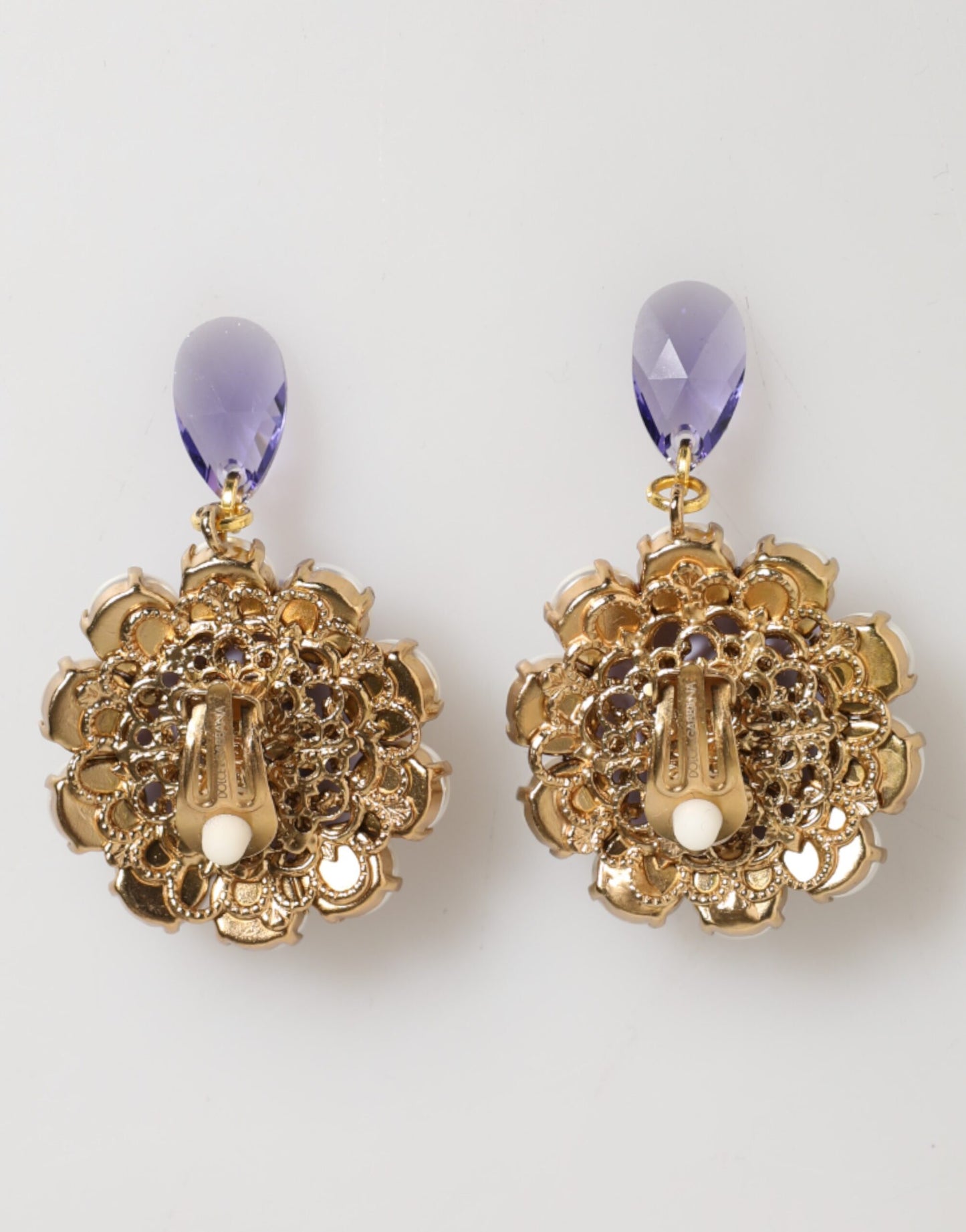 Purple Floral Crystal Pearl Drop Clip-On Statement Earrings