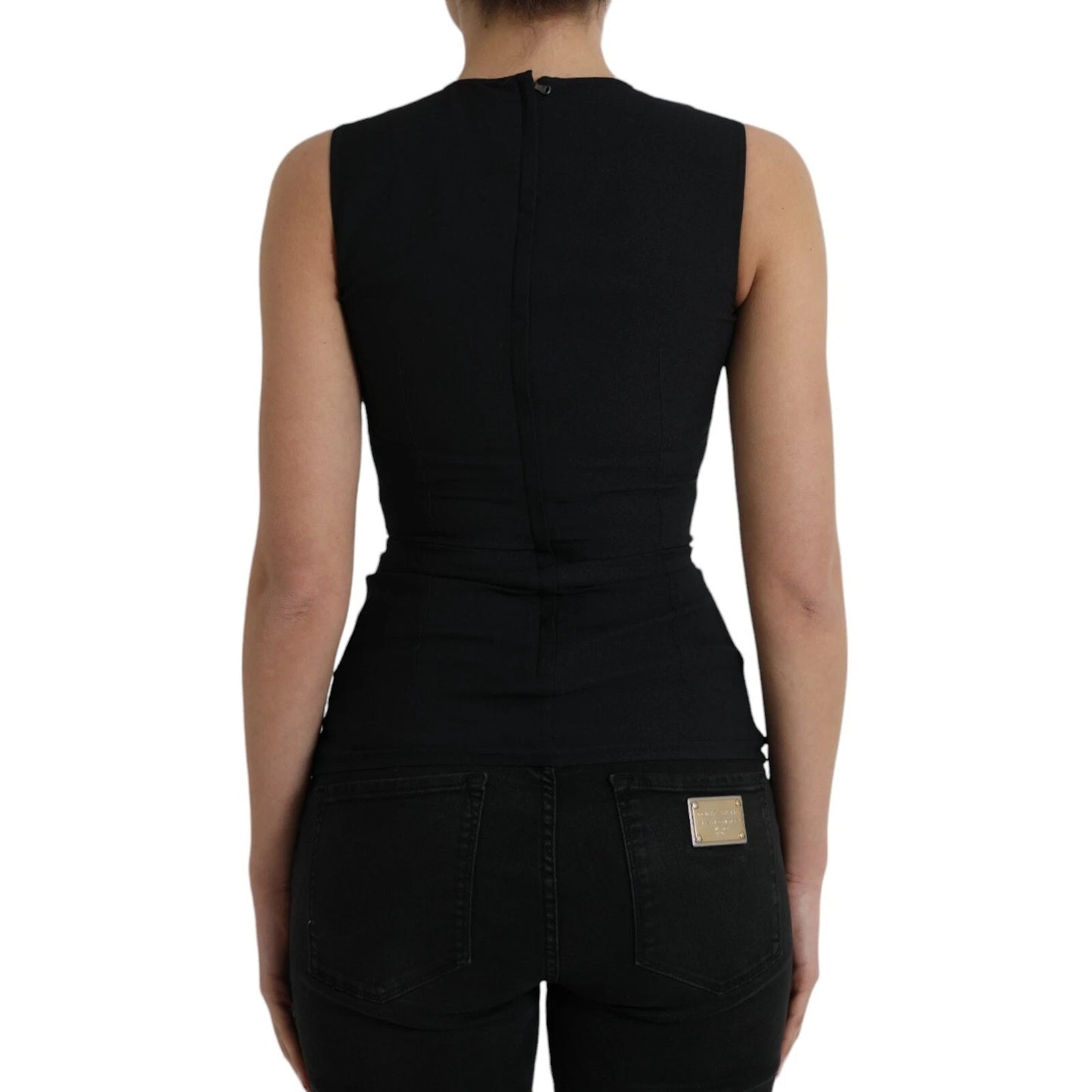 Black Floral Viscose Round Neck Tank Top