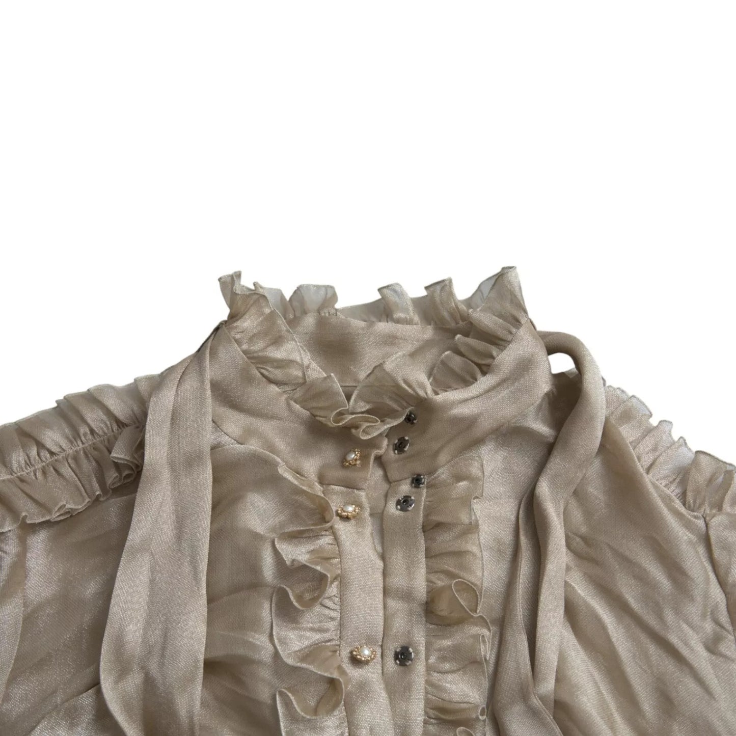 Gold Ascot Collar Ruffles Blouse Top