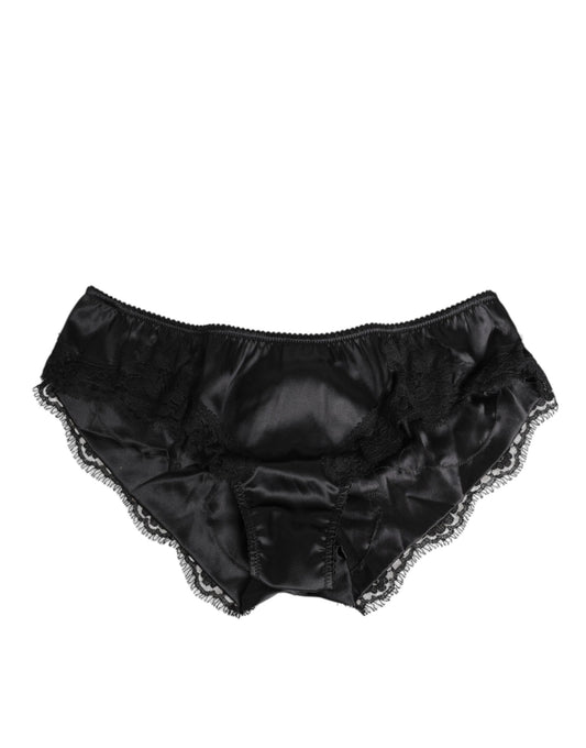 Black Silk Satin Lace Trim Panty Underwear