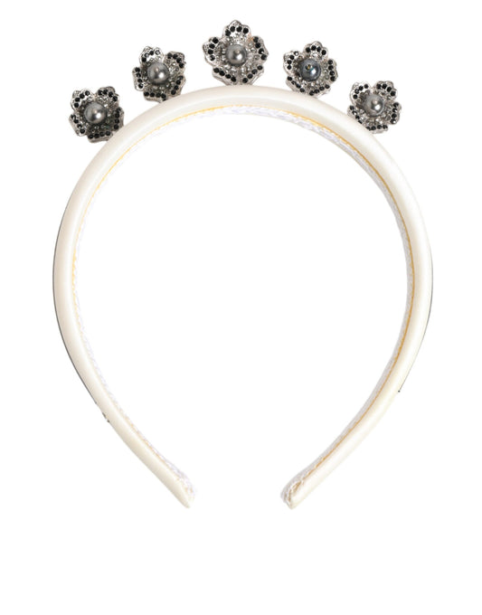 White Satin Palladium Silver Floral Crown Tiara Headband
