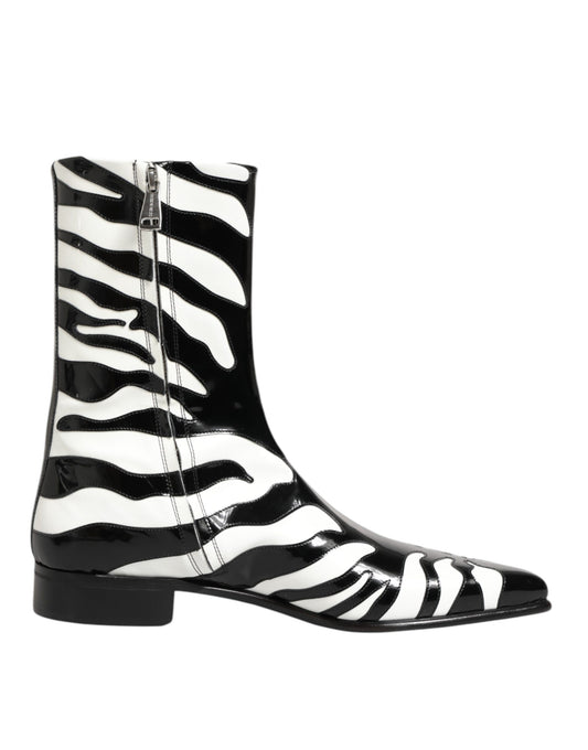 Black White Zebra Leather Mid Calf Boots Shoes