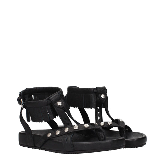 Black Leather Flat Sandals