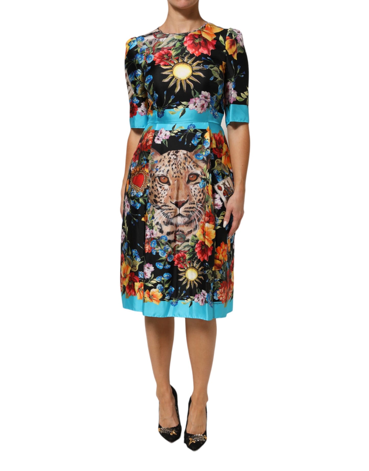 Black Leopard Floral Silk Sheath Midi Dress