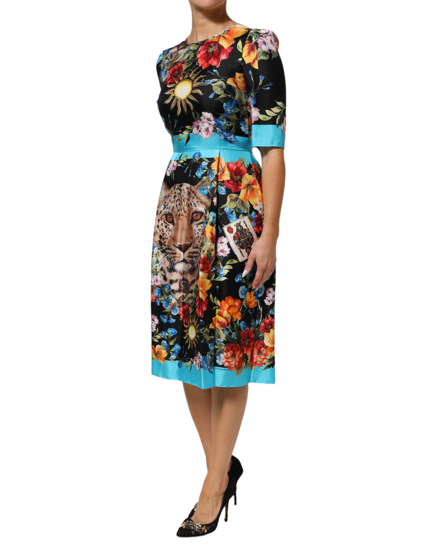 Black Leopard Floral Silk Sheath Midi Dress