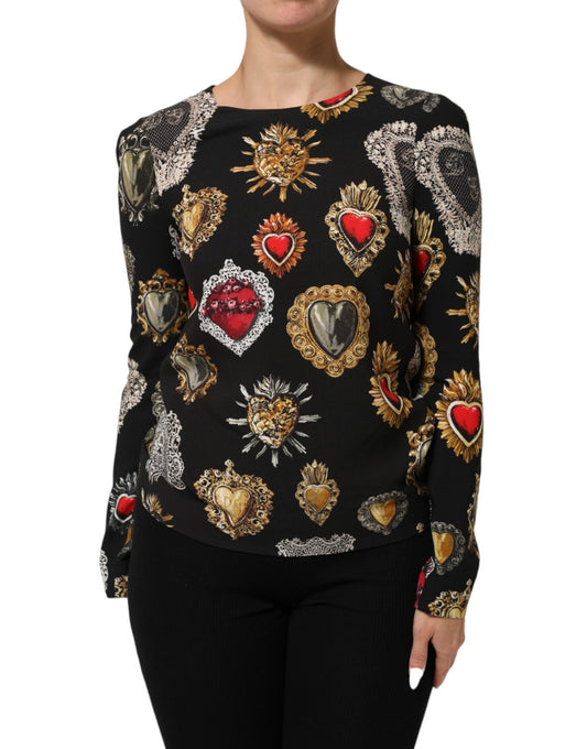 Black Sacred Heart Print Long Sleeves Top