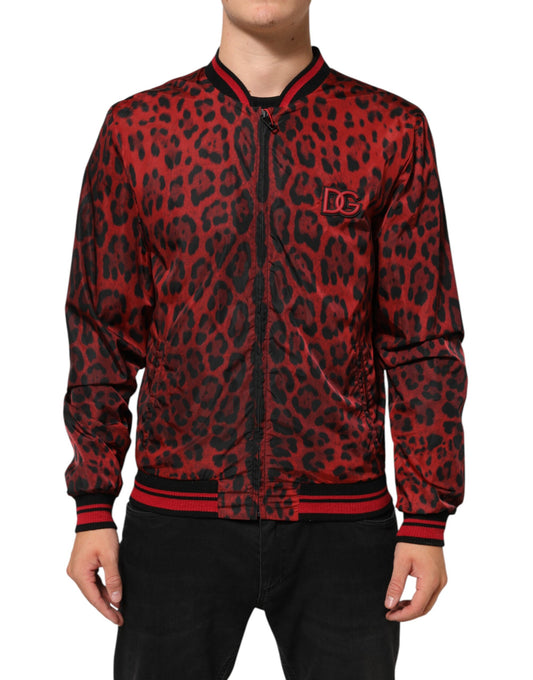Red Leopard Print Full Zip Bomber Men Jacket