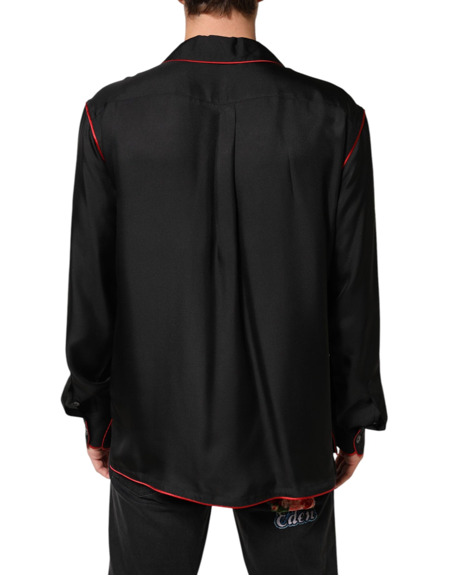 Black Red Contrast Trim Silk Casual Shirt