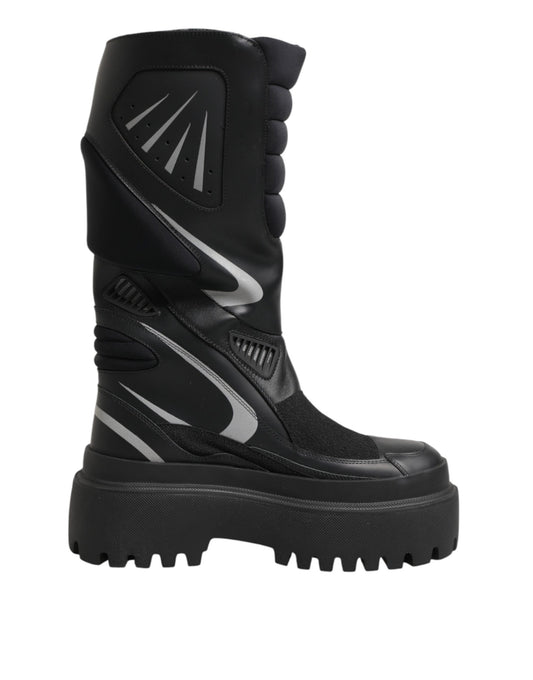 Black Leather Mid Calf Biker Boots Shoes