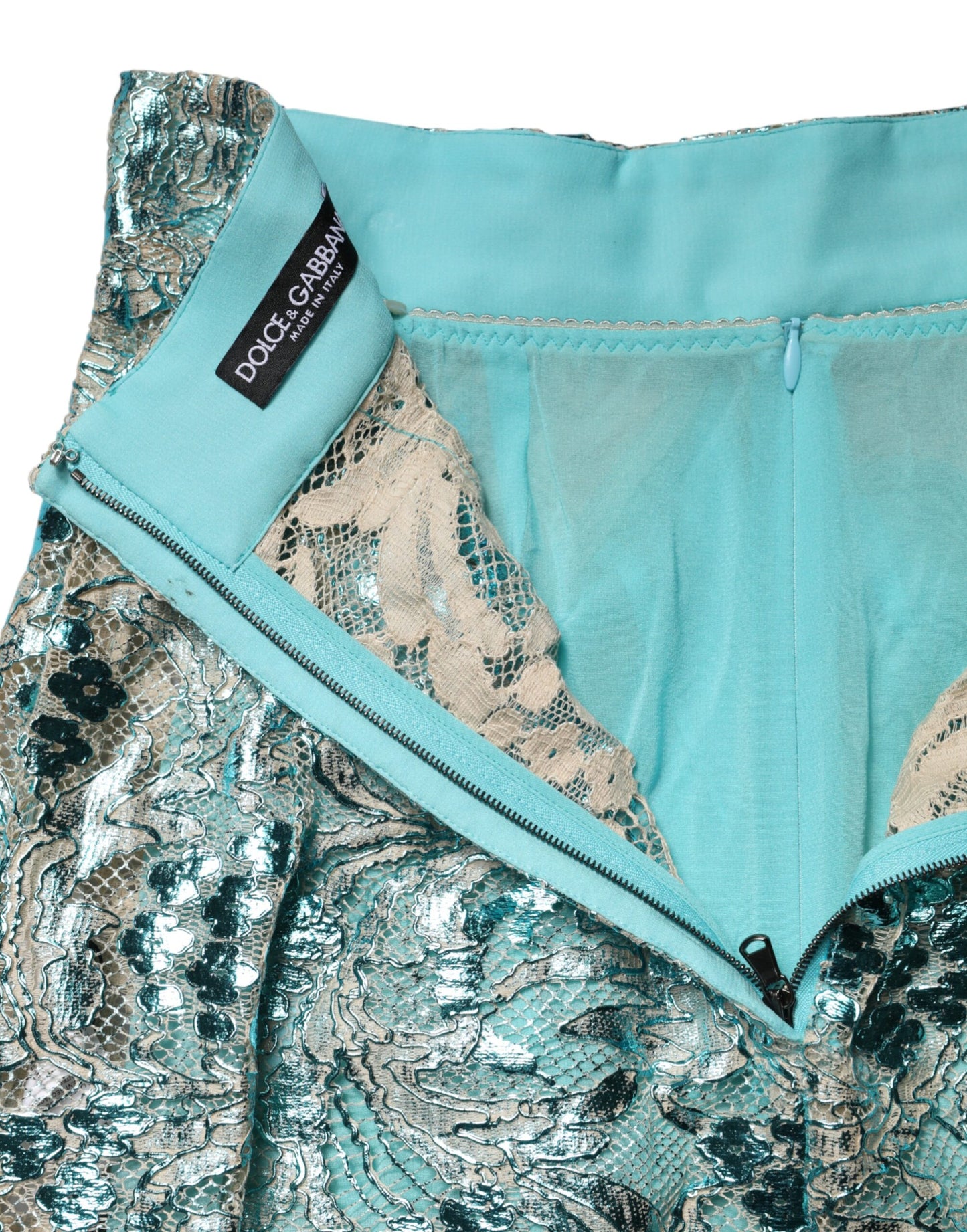 Blue Floral Brocade High Waist Mini Skirt