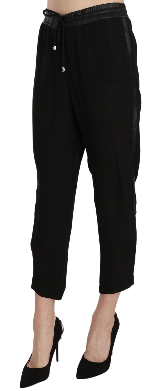 Black Polyester High Waist Cropped Trousers Pants