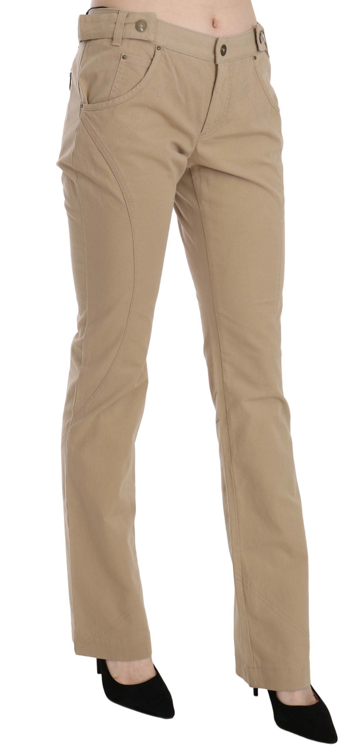 Beige Cotton Mid Waist Straight Trousers Pants