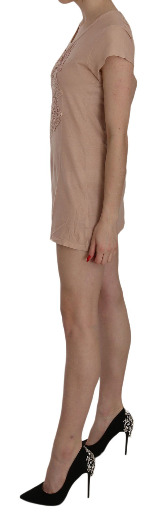 Pink Lace Short Sleeve Shift Mini Dress