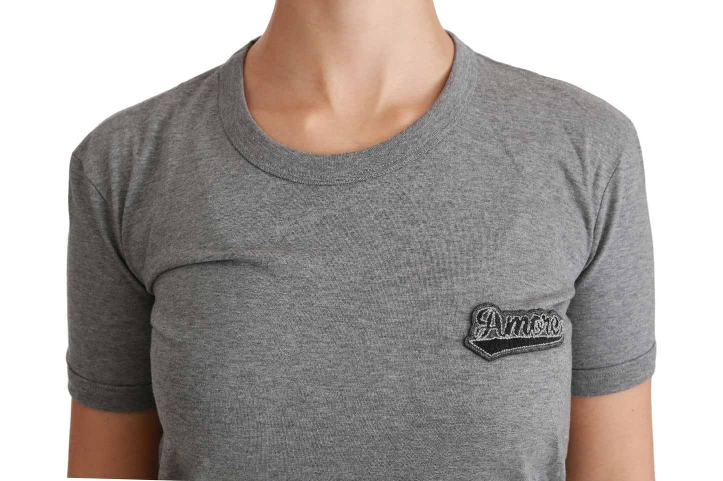 Gray Crewneck Amore Patch Cotton Top T-shirt